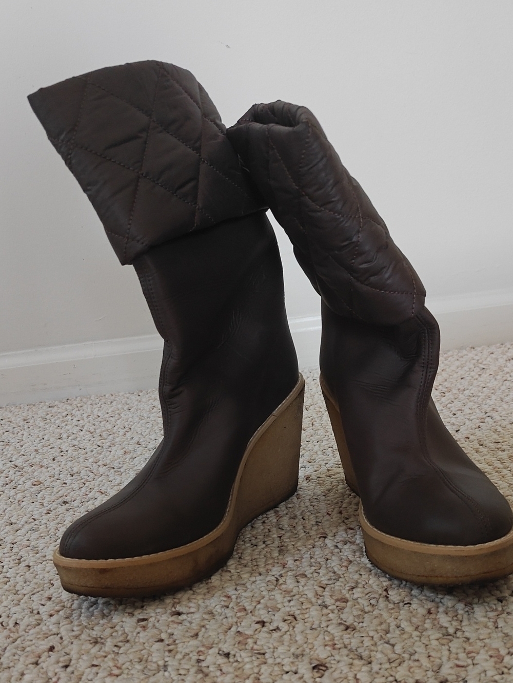 Stella McCartney Brown Quilted Fold-Over Wedge Boots